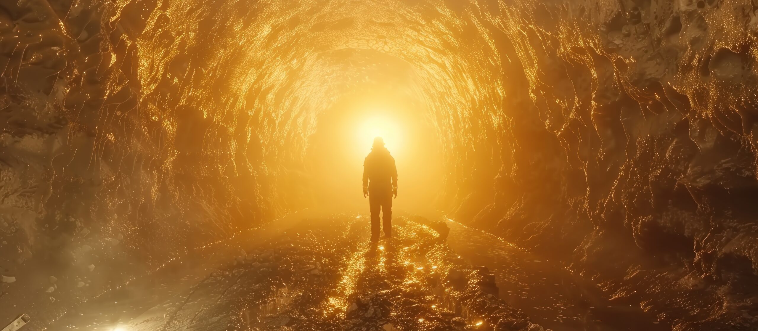 A Solitary Figure Stands at the End of a Glowing Tunnel